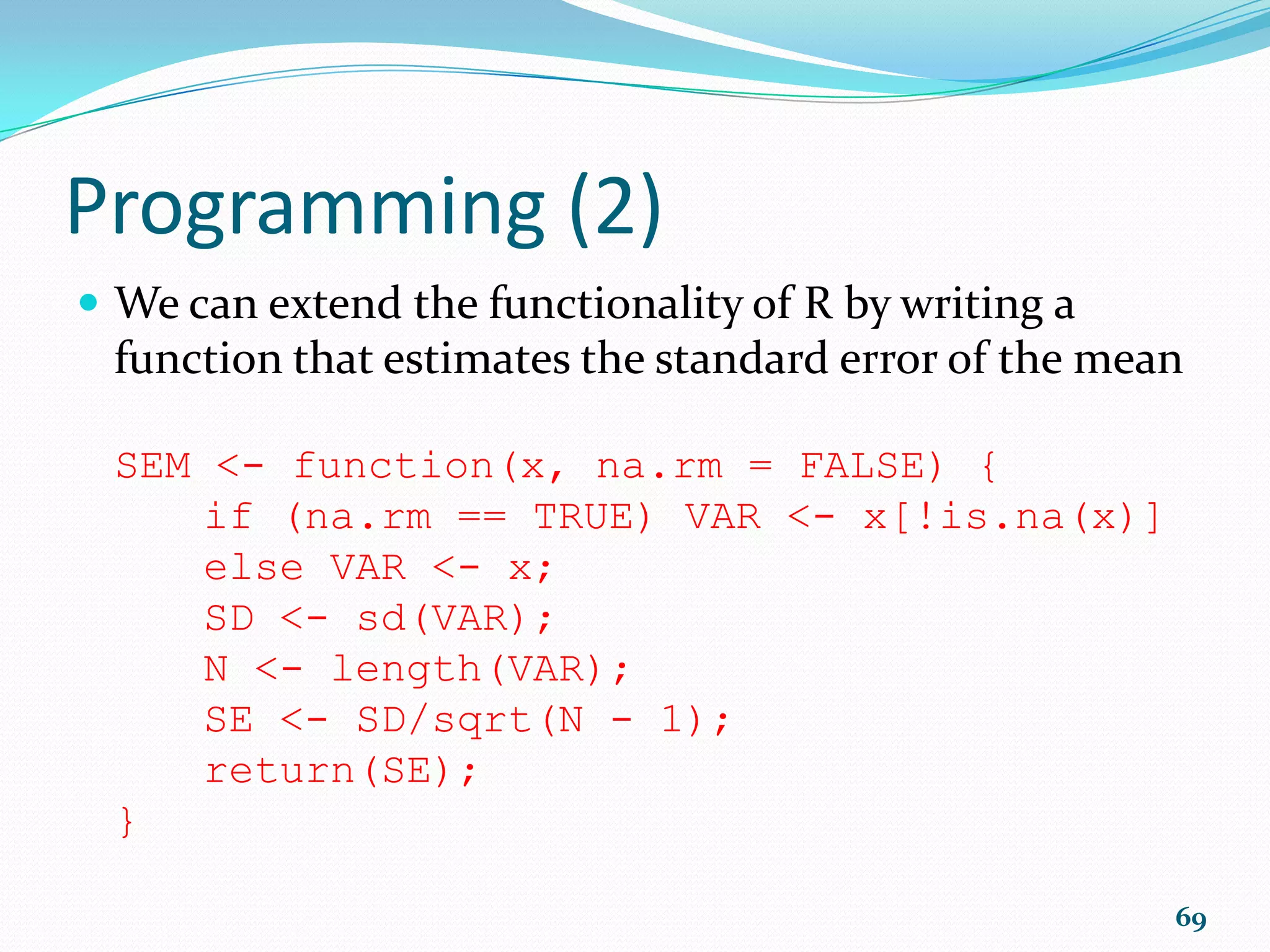Clustering (3)  We can plot the object called my.hc, and we specify that the leaves of the hierarchy are labeled by their plot numbers plot(my.hc, hang=-1) g <- rect.hclust(my.hc, k=4, border="red") Note: When the hang argument is set to '-1' then all leaves end on one line and their labels hang down from 0. 69 