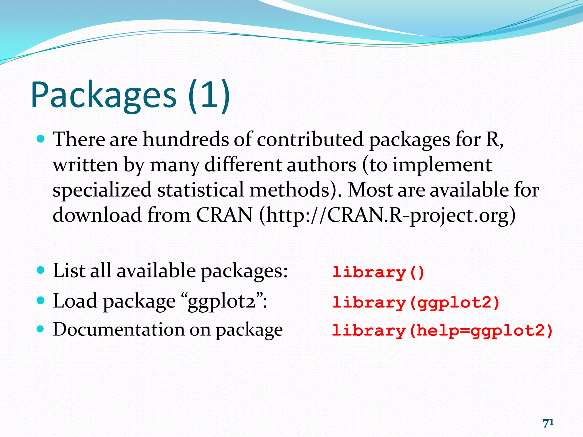 Clustering (5)  Partitioning into a number of clusters specified by the user. gr <- kmeans(cbind(disp, hp), 2) plot(disp, hp, col = gr$cluster, pch=19) points(gr$centers, col = 1:2, pch = 8, cex=2) 71 