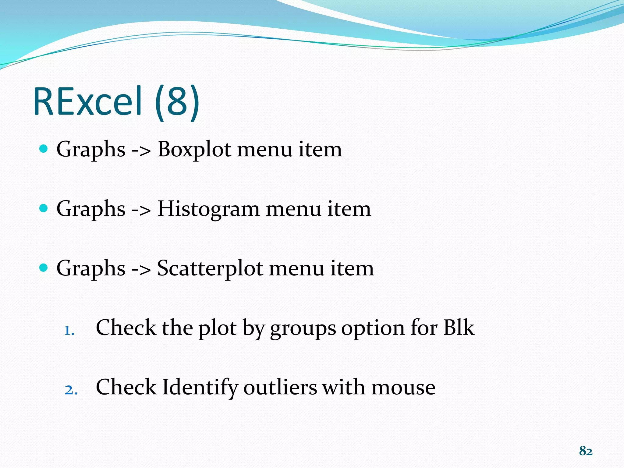Programming (5)  Take control of your R code! RStudio is a free and open source integrated development environment for R. You can run it on your desktop (Windows, Mac, or Linux) :  Syntax highlighting, code completion, etc...  Execute R code directly from the source editor  Workspace browser and data viewer  Plot history, zooming, and flexible image & PDF export  Integrated R help and documentation  and more (http://www.rstudio.com/ide/) 82 