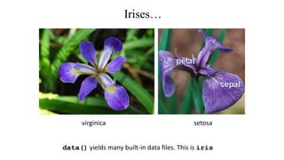 Irises…
setosavirginica
data() yields many built-in data files. This is iris
 