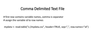 Comma Delimited Text File
# first row contains variable names, comma is separator
# assign the variable id to row names
mydata <- read.table("c:/mydata.csv", header=TRUE, sep=",", row.names="id")
 