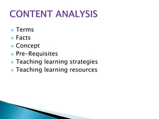  Terms
 Facts
 Concept
 Pre-Requisites
 Teaching learning strategies
 Teaching learning resources
 