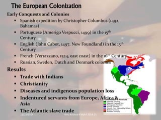 The European Colonization 
Early Conquests and Colonies 
 Spanish expedition by Christopher Columbus (1492, 
Bahamas) 
 Portuguese (Amerigo Vespucci, 1499) in the 15th 
Century 
 English (John Cabot, 1497, New Foundland) in the 15th 
Century 
 French (Verrazzano, 1524, east coast) in the 16th Century 
 Russian, Sweden, Dutch and Denmark colonies 
Results 
 Trade with Indians 
 Christianity 
 Diseases and indigenous population loss 
 Indentured servants from Europe, Africa & 
Asia 
 The Atlantic slave trade 
11/25/2014 Rinu Krishna K Mphil 2014-15 10 
 