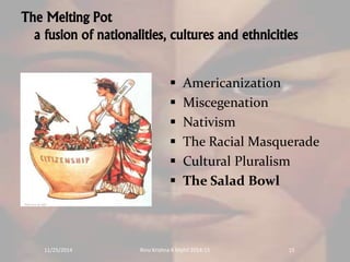 The Melting Pot 
a fusion of nationalities, cultures and ethnicities 
 Americanization 
 Miscegenation 
 Nativism 
 The Racial Masquerade 
 Cultural Pluralism 
 The Salad Bowl 
11/25/2014 Rinu Krishna K Mphil 2014-15 15 
 