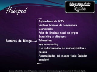 Consejo de Salubridad General. Diagnóstico y tratamiento de la rinosinusitis aguda. México; Guía de Referencia Rápida.
 
