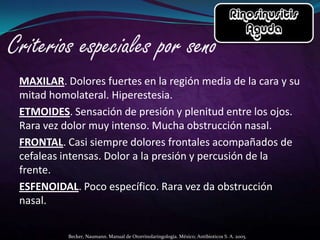 MAXILAR. Dolores fuertes en la región media de la cara y su
mitad homolateral. Hiperestesia.
ETMOIDES. Sensación de presión y plenitud entre los ojos.
Rara vez dolor muy intenso. Mucha obstrucción nasal.
FRONTAL. Casi siempre dolores frontales acompañados de
cefaleas intensas. Dolor a la presión y percusión de la
frente.
ESFENOIDAL. Poco específico. Rara vez da obstrucción
nasal.

          Becker, Naumann. Manual de Otorrinolaringología. México; Antibioticos S. A. 2005.
 