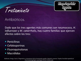 Barberán, Ortega, García. Diagnóstico y tratamiento de las rinosinusitis agudas. Segundo consenso. España; Sociedad española de
                                     Otorrinolaringología y patología Cérvico-Facial.2008.
 