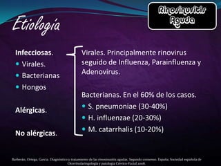 Infecciosas.                                Virales. Principalmente rinovirus
   Virales.                                  seguido de Influenza, Parainfluenza y
   Bacterianas
                                              Adenovirus.
   Hongos
                                              Bacterianas. En el 60% de los casos.
                                               S. pneumoniae (30-40%)
  Alérgicas.
                                               H. influenzae (20-30%)
                                               M. catarrhalis (10-20%)
  No alérgicas.


Barberán, Ortega, García. Diagnóstico y tratamiento de las rinosinusitis agudas. Segundo consenso. España; Sociedad española de
                                     Otorrinolaringología y patología Cérvico-Facial.2008.
 