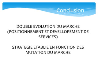Conclusion

    DOUBLE EVOLUTION DU MARCHE
(POSITIONNEMENT ET DEVELLOPEMENT DE
             SERVICES)

  STRATEGIE ETABLIE EN FONCTION DES
        MUTATION DU MARCHE
 