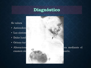 Se valora
• Antecedente de la afección renal previa
• Los síntomas referidos de fiebre elevada
• Dolor lumbar
• Orinas turbias
• Alteraciones radiográficas que se descubren mediante el
examen simple y contrastado del tracto urinario.
 