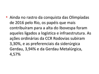 • Ainda no rastro da conquista das Olimpíadas
  de 2016 pelo Rio, os papéis que mais
  contribuíram para a alta do Ibovespa foram
  aqueles ligados a logística e infraestrutura. As
  ações ordinárias da CCR Rodovias subiram
  3,30%, e as preferenciais da siderúrgica
  Gerdau, 3,94% e da Gerdau Metalúrgica,
  4,57%
 
