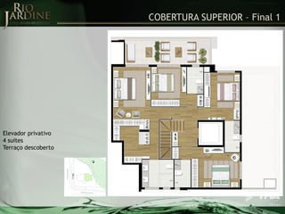COBERTURA SUPERIOR – Final 1

Elevador privativo
4 suites
Terraço descoberto

 