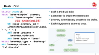 100
Hash JOIN
• beer is the build side.
• Scan beer to create the hash table
• Brewery automatically becomes the probe.
• Each keyspace is scanned once.
SELECT COUNT(1)
FROM `beer-sample` brewery
JOIN `beer-sample` beer
USE HASH(build)
ON (beer.brewery_id =
LOWER(REPLACE(brewery.name,
" ", "_"))
AND beer.updated =
brewery.updated)
AND beer.type = "beer”
WHERE brewery.type = "brewery"
AND brewery.state =
"California"
 