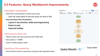 117
5.5 Features: Query Workbench Improvements
Auto Explain / Visual Explain
• EXPLAIN is automatically run before every query
• User can check plans to see why query ran slow or fast
• Improved Query Plan Visualization
• Layout in any direction, better panning/zooming
• Easier to read
• Improved tooltips
High Performance Tabular View
• Tabular results view used to get slow with 750kb data
• Now scales to > 100MB
• Column headers always visible
Export/Copy as Tab-separated Text
• Send results to Excel by exporting or copying as tab-separated values.
Copy button
 