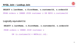 133
N1QL Join – Lookup Join
SELECT c.lastName, c.firstName, c.customerId, o.ordersId
FROM orders o INNER JOIN customer c ON KEYS o.customerId
SELECT c.lastName, c.firstName, c.customerId, o.ordersId
FROM orders o INNER JOIN customer c
ON (o.customerId = META(c).id);
Logically equivalent to:
 