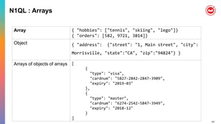157
N1QL : Arrays
Array { "hobbies": ["tennis", "skiing", "lego"]}
{ "orders": [582, 9721, 3814]}
Object { "address": {"street": "1, Main street", "city":
Morrisville, "state":"CA", "zip":"94824"} }
Arrays of objects of arrays [
{
"type": "visa",
"cardnum": "5827-2842-2847-3909",
"expiry": "2019-03"
},
{
"type": "master",
"cardnum": "6274-2542-5847-3949",
"expiry": "2018-12"
}
]
 