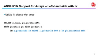 162
ANSI JOIN Support for Arrays – Left-hand-side with IN
• Utilize IN-clause with array
SELECT p.name, pu.purchasedAt
FROM purchase pu JOIN product p
ON p.productId IN ARRAY l.productId FOR l IN pu.lineItems END
 