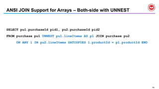 164
ANSI JOIN Support for Arrays – Both-side with UNNEST
SELECT pu1.purchaseId pid1, pu2.purchaseId pid2
FROM purchase pu1 UNNEST pu1.lineItems AS pl JOIN purchase pu2
ON ANY l IN pu2.lineItems SATISFIES l.productId = pl.productId END
 