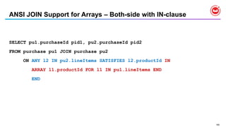 165
ANSI JOIN Support for Arrays – Both-side with IN-clause
SELECT pu1.purchaseId pid1, pu2.purchaseId pid2
FROM purchase pu1 JOIN purchase pu2
ON ANY l2 IN pu2.lineItems SATISFIES l2.productId IN
ARRAY l1.productId FOR l1 IN pu1.lineItems END
END
 