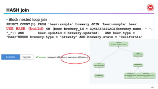 170
HASH join
• Block nested loop join
SELECT COUNT(1) FROM `beer-sample` brewery JOIN `beer-sample` beer
USE HASH (build) ON (beer.brewery_id = LOWER(REPLACE(brewery.name, " ",
"_")) AND beer.updated = brewery.updated) AND beer.type =
"beer"WHERE brewery.type = "brewery" AND brewery.state = "California"
 
