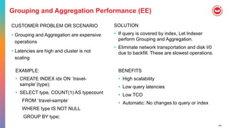 175
Grouping and Aggregation Performance (EE)
CUSTOMER PROBLEM OR SCENARIO
• Grouping and Aggregation are expensive
operations
• Latencies are high and cluster is not
scaling
BENEFITS
• High scalability
• Low query latencies
• Low TCO
• Automatic: No changes to query or index
SOLUTION
• If query is covered by index, Let Indexer
perform Grouping and Aggregation.
• Eliminate network transportation and disk I/0
due to backfill. These are slowest operations.
EXAMPLE:
• CREATE INDEX idx ON `travel-
sample`(type);
• SELECT type, COUNT(1) AS typecount
FROM `travel-sample`
WHERE type IS NOT NULL
GROUP BY type;
 