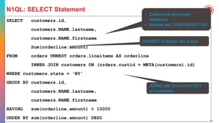 21
N1QL: SELECT Statement
SELECT customers.id,
customers.NAME.lastname,
customers.NAME.firstname
Sum(orderline.amount)
FROM orders UNNEST orders.lineitems AS orderline
INNER JOIN customers ON (orders.custid = META(customers).id)
WHERE customers.state = 'NY'
GROUP BY customers.id,
customers.NAME.lastname,
customers.NAME.firstname
HAVING sum(orderline.amount) > 10000
ORDER BY sum(orderline.amount) DESC
• Dotted sub-document
reference
• Names are CASE-SENSITIVE
UNNEST to flatten the arrays
JOINS with Document KEY
of customers
 