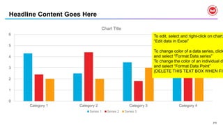 210
Headline Content Goes Here
0
1
2
3
4
5
6
Category 1 Category 2 Category 3 Category 4
Chart Title
Series 1 Series 2 Series 3
To edit, select and right-click on chart,
“Edit data in Excel”
To change color of a data series, click
and select “Format Data series”
To change the color of an individual da
and select “Format Data Point”
(DELETE THIS TEXT BOX WHEN FIN
 