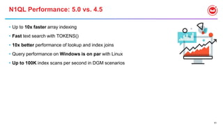 81
N1QL Performance: 5.0 vs. 4.5
• Up to 10x faster array indexing
• Fast text search with TOKENS()
• 10x better performance of lookup and index joins
• Query performance on Windows is on par with Linux
• Up to 100K index scans per second in DGM scenarios
 
