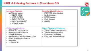 83
Language Features
• ANSI Joins support
• INNER JOIN
• LEFT OUTER
• RIGHT OUTER
• NEST and UNNEST
• JOIN on arrays
Security & Infra Features
• PREPARE Infrastructure
• N1QL Auditing
• X.509 Support
• IPV6 Support
• Backfill
Performance Features
• GROUP BY performance
• Aggregation performance
• Index Partitioning
• parallelization with Partitioned index
• Query pipeline performance
• Hash join
• YCSB-JSON
Query Workbench Features
• Visual Explain improvements
• Tabular document editor
• Parameters for Query
• Easy copy results to Excel
N1QL & Indexing features in Couchbase 5.5
 