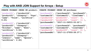 90
Play with ANSI JOIN Support for Arrays - Setup
CREATE PRIMARY INDEX ON product;
"product01", {"productId":
"product01", "category": "Toys",
"name": "Truck", "unitPrice":
9.25}
"product02", {"productId":
"product02", "category":
"Kitchen", "name": "Bowl",
"unitPrice": 5.50}
"product03", {"productId":
"product03", "category":
"utensil", "name": "Spoons",
"unitPrice": 2.40}
CREATE PRIMARY INDEX ON purchase;
"purchase01", {"purchaseId": "purchase01",
"customerId": "customer01", "lineItems": [
{"productId": "product01", "count": 3},
{"productId": "product02", "count": 1} ],
"purchasedAt": "2017-11-24T15:03:22”}
"purchase02", {"purchaseId": "purchase02",
"customerId": "customer02", "lineItems": [
{"productId": "product03", "count": 2} ],
"purchasedAt": "2017-11-27T09:08:37”}
 