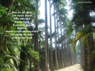 Mas só sei dizer Um verso banal Fala em você Canta você É sempre igual Sobrou  desse nosso desencontro Um conto de amor Sem ponto final DESENCONTRO Jardim Botânico 