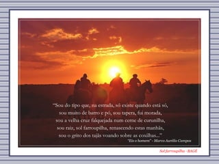 Sol farroupilha - BAGÉ “ Eis o homem” - Marco Aurélio Campos “ Sou do tipo que, na estrada, só existe quando está só, sou muito de barro e pó, sou tapera, fui morada, sou a velha cruz falquejada num cerne de curunilha, sou raiz, sol farroupilha, renascendo estas manhãs, sou o grito dos tajãs voando sobre as coxilhas...” 