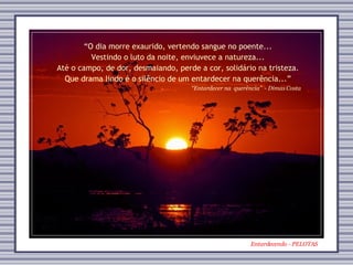 Entardecendo - PELOTAS “ Entardecer na  querência”  - Dimas Costa “ O dia morre exaurido, vertendo sangue no poente... Vestindo o luto da noite, enviuvece a natureza... Até o campo, de dor, desmaiando, perde a cor, solidário na tristeza. Que drama lindo é o silêncio de um entardecer na querência...” 