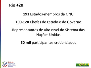 Rio +20193 Estados-membros da ONU100-120 Chefes de Estado e de GovernoRepresentantes de alto nível do Sistema das Nações Unidas 50 mil participantes credenciados