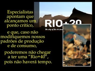 Especialistas
  apontam que
 alcançamos um
  ponto crítico,
   e que, caso não
modifiquemos nossos
padrões de produção
   e de consumo,
 poderemos não chegar
   a ter uma “Rio+40”,
 pois não haverá tempo.
 