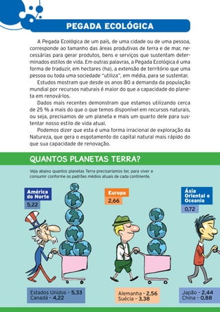 10

                         PEGADA ECOLÓGICA
         A Pegada Ecológica de um país, de uma cidade ou de uma pessoa,
      corresponde ao tamanho das áreas produtivas de terra e de mar, ne-
      cessárias para gerar produtos, bens e serviços que sustentam deter-
      minados estilos de vida. Em outras palavras, a Pegada Ecológica é uma
      forma de traduzir, em hectares (ha), a extensão de território que uma
      pessoa ou toda uma sociedade “utiliza”, em média, para se sustentar.
         Estudos mostram que desde os anos 80 a demanda da população
      mundial por recursos naturais é maior do que a capacidade do plane-
      ta em renová-los.
         Dados mais recentes demonstram que estamos utilizando cerca
      de 25 % a mais do que o que temos disponível em recursos naturais,
      ou seja, precisamos de um planeta e mais um quarto dele para sus-
      tentar nosso estilo de vida atual.
         Podemos dizer que esta é uma forma irracional de exploração da
      Natureza, que gera o esgotamento do capital natural mais rápido do
      que sua capacidade de renovação.


      QUANTOS PLANETAS TERRA?
      Veja abaixo quantos planetas Terra precisaríamos ter, para viver e
      consumir conforme os padrões médios atuais de cada continente.


     América                                   Europa                      Ásia
     do Norte                                                              Oriental e
                                               2,66                        Oceania
     5,22
                                                                           0,72




      Estados Unidos – 5,33                          Alemanha – 2,56       Japão – 2,44
      Canadá – 4,22                                  Suécia – 3,38         China – 0,88
 