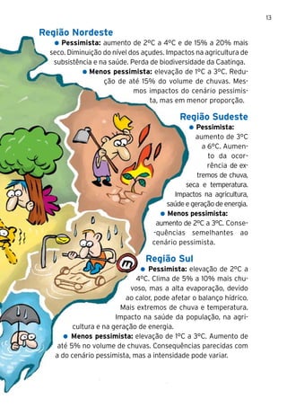 13

Região Nordeste
     Pessimista: aumento de 2°C a 4°C e de 15% a 20% mais
  seco. Diminuição do nível dos açudes. Impactos na agricultura de
   subsistência e na saúde. Perda de biodiversidade da Caatinga.
              Menos pessimista: elevação de 1°C a 3°C. Redu-
                   ção de até 15% do volume de chuvas. Mes-
                             mos impactos do cenário pessimis-
                                  ta, mas em menor proporção.

                                           Região Sudeste
                                                 Pessimista:
                                                aumento de 3°C
                                                   a 6°C. Aumen-
                                                     to da ocor-
                                                     rência de ex-
                                                 tremos de chuva,
                                             seca e temperatura.
                                          Impactos na agricultura,
                                       saúde e geração de energia.
                                       Menos pessimista:
                                    aumento de 2°C a 3°C. Conse-
                                   -quências semelhantes ao
                                   cenário pessimista.

                                Região Sul
                                 Pessimista: elevação de 2°C a
                             4°C. Clima de 5% a 10% mais chu-
                           voso, mas a alta evaporação, devido
                          ao calor, pode afetar o balanço hídrico.
                        Mais extremos de chuva e temperatura.
                       Impacto na saúde da população, na agri-
         cultura e na geração de energia.
        Menos pessimista: elevação de 1°C a 3°C. Aumento de
    até 5% no volume de chuvas. Consequências parecidas com
   a do cenário pessimista, mas a intensidade pode variar.
 