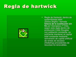Regla de hartwick

             Regla de Hartwick: dentro de
              sostenibilidad débil
              (Solow,Stiglitz) llamada
              falacia de la sustitución sin
              fin por Georgescu Y Daly,
              según esta regla dentro de
              producción Cobb Douglas
              con población constante, es
              suficiente mantener el capital
              total constante mediante
              reinversión de capital artificial
              de rentas de escasez
              (Hotteling) procedentes de
              recursos no renovables.
 