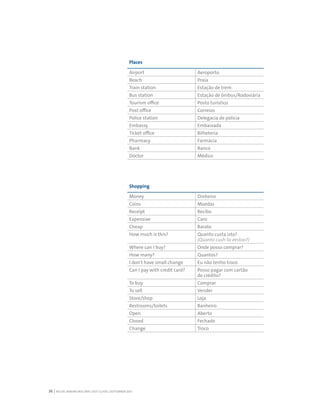 RIO DE JANEIRO NOC/NPC VISIT GUIDE | SEPTEMBER 201336
Places
Airport Aeroporto
Beach Praia
Train station Estação de trem
Bus station Estação de ônibus/Rodoviária
Tourism office Posto turístico
Post office Correios
Police station Delegacia de policia
Embassy Embaixada
Ticket office Bilheteria
Pharmacy Farmácia
Bank Banco
Doctor Médico
Shopping
Money Dinheiro
Coins Moedas
Receipt Recibo
Expensive Caro
Cheap Barato
How much is this? Quanto custa isto?
(Quanto cush-ta eestoo?)
Where can I buy? Onde posso comprar?
How many? Quantos?
I don’t have small change Eu não tenho troco
Can I pay with credit card? Posso pagar com cartão
de crédito?
To buy Comprar
To sell Vender
Store/shop Loja
Restrooms/toilets Banheiro
Open Aberto
Closed Fechado
Change Troco
 