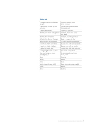 RIO DE JANEIRO NOC/NPC VISIT GUIDE | SEPTEMBER 2013 37
Dining out
I have a reservation for five
people
Fiz uma reserva para
cinco pessoas
I would like a table by the
window
Gostaria de uma mesa ao
lado de janela
I want/would like… Quero/Eu gostaria…
Waiter, one more coke, please Garçom, mais uma coca,
por favor
Waiter, the bill please Garçom, a conta, por favor
What is the dish of the day? Qual é o prato do dia?
What do you recommend? O que o senhor recomenda?
I want my steak well done Quero meu bife bem passado
I want my steak medium Quero meu bife ao ponto
I want my steak rare Quero meu bife mal passado
I am going to order a salad Vou pedir uma salada
Can you bring me more
bread please?
O senhor pode me trazer
mais pão?
Beer Cerveja
Wine Vinho
Juice Suco
Water (sparkling or still) Água (com gás ou sem gás)
Table Mesa
Chair Cadeira
 