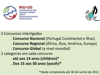 3 Concursos interligados
      . Concurso Nacional (Portugal Continental e Ilhas)
      . Concurso Regional (África, Ásia, América, Europa)
      . Concurso Global (a nível mundial)
2 categorias em cada concurso
      . até aos 14 anos (children)*
      . Dos 15 aos 30 anos (youth)*
                      *Idade completada até 30 de Junho de 2012
 