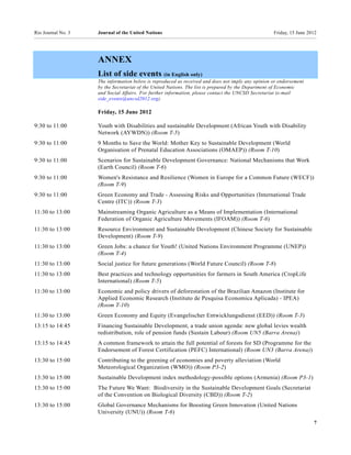 Rio Journal No. 3   Journal of the United Nations                                                  Friday, 15 June 2012




                    ANNEX
                    List of side events (in English only)
                    The information below is reproduced as received and does not imply any opinion or endorsement
                    by the Secretariat of the United Nations. The list is prepared by the Department of Economic
                    and Social Affairs. For further information, please contact the UNCSD Secretariat (e-mail
                    side_events@uncsd2012.org).

                    Friday, 15 June 2012

9:30 to 11:00       Youth with Disabilities and sustainable Development (African Youth with Disability
                    Network (AYWDN)) (Room T-5)
9:30 to 11:00       9 Months to Save the World: Mother Key to Sustainable Development (World
                    Organisation of Prenatal Education Associations (OMAEP)) (Room T-10)
9:30 to 11:00       Scenarios for Sustainable Development Governance: National Mechanisms that Work
                    (Earth Council) (Room T-6)
9:30 to 11:00       Women's Resistance and Resilience (Women in Europe for a Common Future (WECF))
                    (Room T-9)
9:30 to 11:00       Green Economy and Trade - Assessing Risks and Opportunities (International Trade
                    Centre (ITC)) (Room T-3)
11:30 to 13:00      Mainstreaming Organic Agriculture as a Means of Implementation (International
                    Federation of Organic Agriculture Movements (IFOAM)) (Room T-6)
11:30 to 13:00      Resource Environment and Sustainable Development (Chinese Society for Sustainable
                    Development) (Room T-9)
11:30 to 13:00      Green Jobs: a chance for Youth! (United Nations Environment Programme (UNEP))
                    (Room T-4)
11:30 to 13:00      Social justice for future generations (World Future Council) (Room T-8)
11:30 to 13:00      Best practices and technology opportunities for farmers in South America (CropLife
                    International) (Room T-5)
11:30 to 13:00      Economic and policy drivers of deforestation of the Brazilian Amazon (Institute for
                    Applied Economic Research (Instituto de Pesquisa Economica Aplicada) - IPEA)
                    (Room T-10)
11:30 to 13:00      Green Economy and Equity (Evangelischer Entwicklungsdienst (EED)) (Room T-3)
13:15 to 14:45      Financing Sustainable Development, a trade union agenda: new global levies wealth
                    redistribution, role of pension funds (Sustain Labour) (Room UN5 (Barra Arena))
13:15 to 14:45      A common framework to attain the full potential of forests for SD (Programme for the
                    Endorsement of Forest Certification (PEFC) International) (Room UN3 (Barra Arena))
13:30 to 15:00      Contributing to the greening of economies and poverty alleviation (World
                    Meteorological Organization (WMO)) (Room P3-2)
13:30 to 15:00      Sustainable Development index methodology-possible options (Armenia) (Room P3-1)
13:30 to 15:00      The Future We Want: Biodiversity in the Sustainable Development Goals (Secretariat
                    of the Convention on Biological Diversity (CBD)) (Room T-2)
13:30 to 15:00      Global Governance Mechanisms for Boosting Green Innovation (United Nations
                    University (UNU)) (Room T-6)
                                                                                                                     7
 