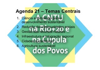 Agenda 21 – Temas Centrais
1. Ciência e tecnologia para o
   desenvolvimento sustentável
2.
2 Redução das desigualdades sociais
3. Gestão dos recursos naturais
4. Infraestrutura e integração regional
5. Cidades sustentáveis
6. Agricultura sustentável
 