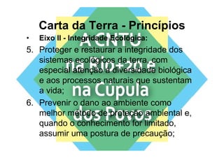 Carta da Terra - Princípios
•   Eixo II - Integridade Ecológica:
5. Proteger e restaurar a integridade dos
   sistemas ecológicos da terra com
                            terra,
   especial atenção á diversidade biológica
   e aos processos naturais que sustentam
   a vida;
6. Prevenir o dano ao ambiente como
   melhor método de proteção ambiental e  e,
   quando o conhecimento for limitado,
   assumir uma postura de precaução;
 