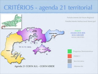 CRITÉRIOS - agenda 21 territorial
                                         Fortalecimento de Forum Regional

                                       Fortalecimento Institucional Municipal




                                                 PARATI
                                             ANGRA DOS REIS
                                              ILHA GRANDE
                                              MANGARATIBA




                                                Programas Demonstrativos

                                                 PASSO 1

                                                 Sem Iniciativa


   Agenda 21 COSTA SUL - COSTA VERDE             Adormecido
 