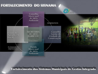 FORTALECIMENTO DO SISNAMA

                    Conselho
                    Municipal
                    de Meio
                    Ambiente
                                 DELIBERATIVOS




                   SECRETARIA       Conselho
   Forum da                         Gestor de
   Agenda 21         DE MEIO
                    AMBIENTE       Unidade de
   Local                          Conservação
                     EXECUTIVO



   PLANEJAMENTO       Fundo
   PARTICIPATIVO    Municipal
                     de Meio
                    Ambiente




      Fortalecimento dos Sistemas Municipais de Gestão Integrada
 