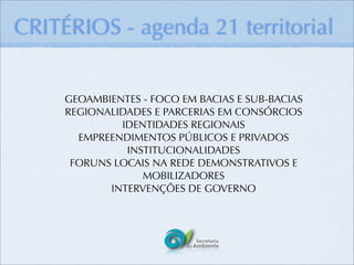 CRITÉRIOS - agenda 21 territorial


     GEOAMBIENTES - FOCO EM BACIAS E SUB-BACIAS
     REGIONALIDADES E PARCERIAS EM CONSÓRCIOS
              IDENTIDADES REGIONAIS
       EMPREENDIMENTOS PÚBLICOS E PRIVADOS
               INSTITUCIONALIDADES
      FORUNS LOCAIS NA REDE DEMONSTRATIVOS E
                  MOBILIZADORES
            INTERVENÇÕES DE GOVERNO
 
