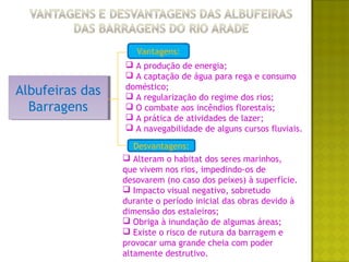 Vantagens:
                  A produção de energia;
                  A captação de água para rega e consumo
                 doméstico;
Albufeiras das
Albufeiras das    A regularização do regime dos rios;
  Barragens
  Barragens       O combate aos incêndios florestais;
                  A prática de atividades de lazer;
                  A navegabilidade de alguns cursos fluviais.

                    Desvantagens:
                  Alteram o habitat dos seres marinhos,
                 que vivem nos rios, impedindo-os de
                 desovarem (no caso dos peixes) à superfície.
                  Impacto visual negativo, sobretudo
                 durante o período inicial das obras devido à
                 dimensão dos estaleiros;
                  Obriga à inundação de algumas áreas;
                  Existe o risco de rutura da barragem e
                 provocar uma grande cheia com poder
                 altamente destrutivo.
 