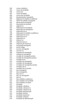 184. cursos a distância
185. cursos de faculdade
186. cursos ead
187. cursos faculdade
188. cursos para faculdade
189. desaposentação monografia
190. digitação de trabalhos acadêmicos
191. direito do trabalho monografia
192. direito penal monografia
193. dissertação de mestrado
194. eaglenet tcc
195. elaboração de monografia
196. elaboração de monografias
197. elaboração de tcc
198. elaboração de trabalhos acadêmicos
199. elaboração de um tcc
200. elaboração do tcc
201. elaboração tcc
202. elaborar tcc
203. empresas para tcc
204. empresas que fazem tcc
205. encomenda monografia
206. enroll college
207. escrever monografia
208. escrever tcc
209. esqueleto de monografia
210. exemplo de monografia
211. exemplo de monografia pronta
212. exemplo de monografias prontas
213. exemplo de tcc
214. exemplos de monografia
215. exemplos de monografias
216. exemplos de monografias prontas
217. exemplos de tcc
218. exemplos de tcc prontos
219. faço monografia
220. faço monografias
221. faço seu tcc
222. faço sua monografia
223. faço tcc
224. faço trabalhos academicos
225. faço trabalhos de faculdade
226. faço trabalhos escolares
227. faculdade
228. faculdade a distância
229. faculdade a distancia rj
230. faculdade a distancia sp
231. faculdade administração
232. faculdade anchieta
233. faculdade arquitetura
234. faculdade campinas
235. faculdade de administração
 
