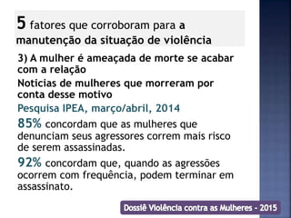 5 fatores que corroboram para a
manutenção da situação de violência
3) A mulher é ameaçada de morte se acabar
com a relação
Noticias de mulheres que morreram por
conta desse motivo
Pesquisa IPEA, março/abril, 2014
85% concordam que as mulheres que
denunciam seus agressores correm mais risco
de serem assassinadas.
92% concordam que, quando as agressões
ocorrem com frequência, podem terminar em
assassinato.
 